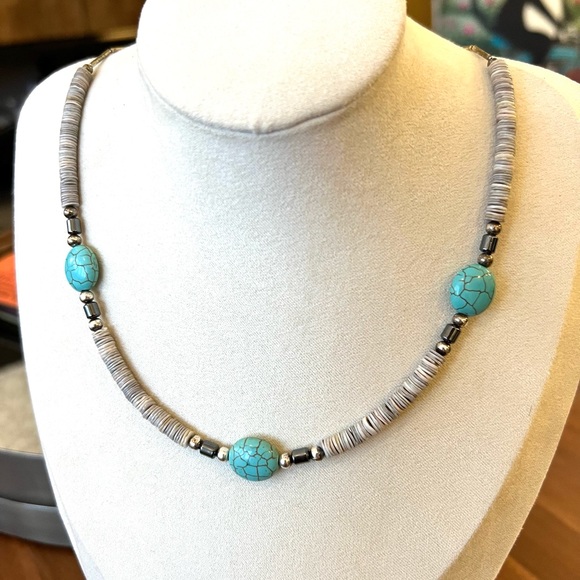 Artisan Jewelry - Artisan Turquoise and Shell Beaded Silver Necklace